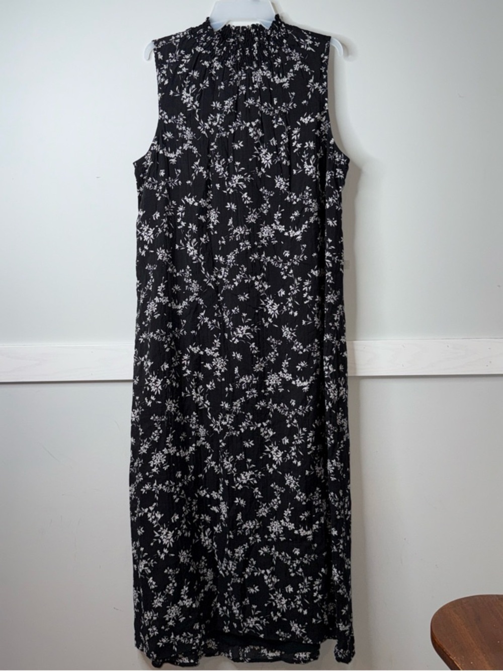 J. Jill Black Maxi Dress with White Floral Print Smocked Button Neck Lined Gauzy